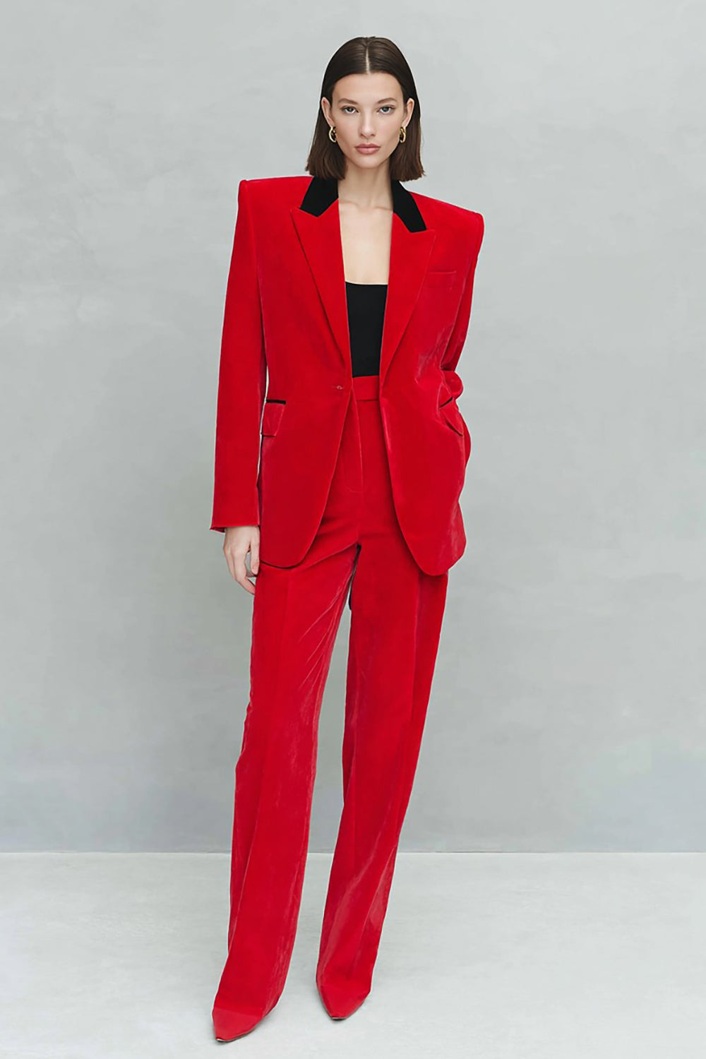 Red 2 Piece Peak Lapel One Button Velvet Prom Suits