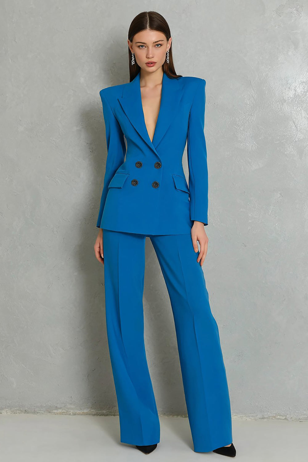 Leely Women Blue 2 Piece Business Suits Peak Lapel Long Sleeves Double Breasted Work Pantsuits