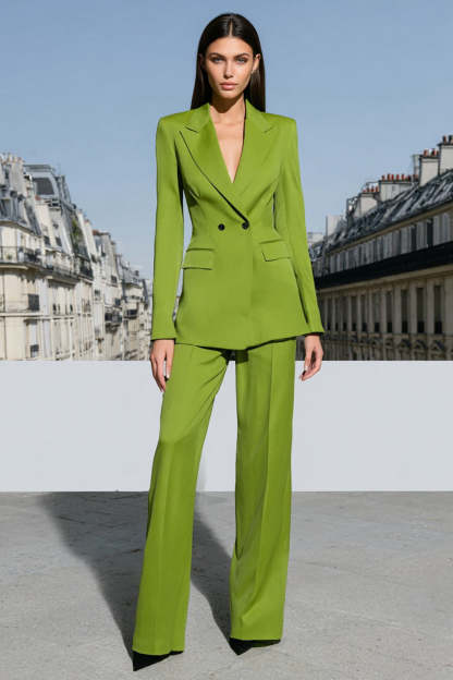 Leely Women Light Green Long Sleeves Prom Suits 2 Piece Double Breasted Peak Lapel Business Suits