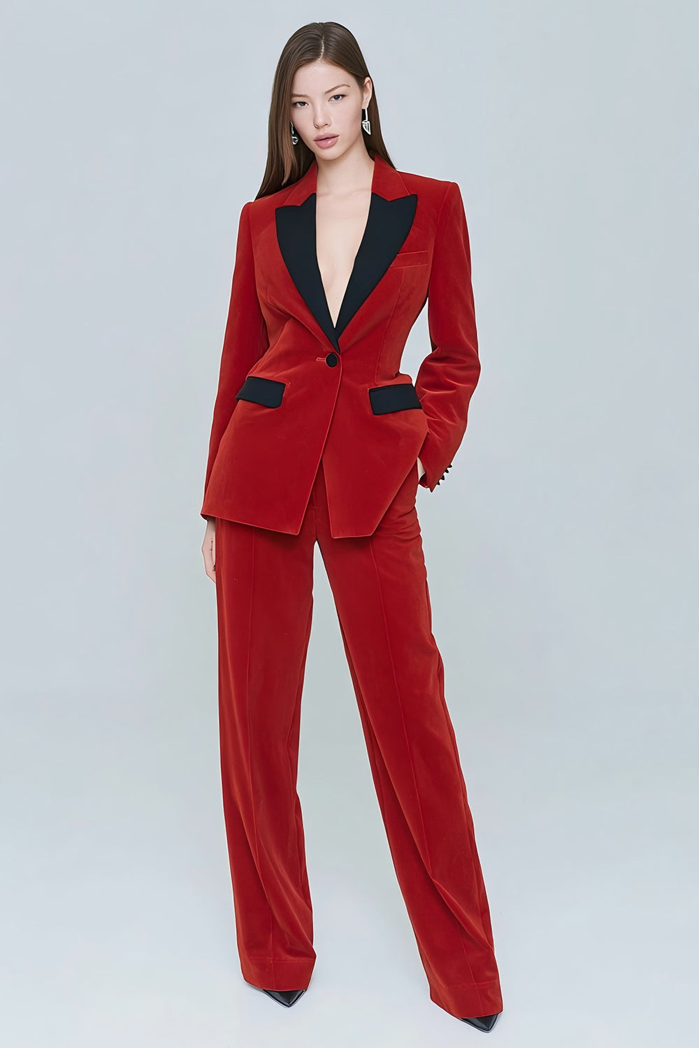 Leely Women Red Velvet 2 Piece Prom Suits with Pockets Peak Lapel One Button Long Sleeves Business Suits