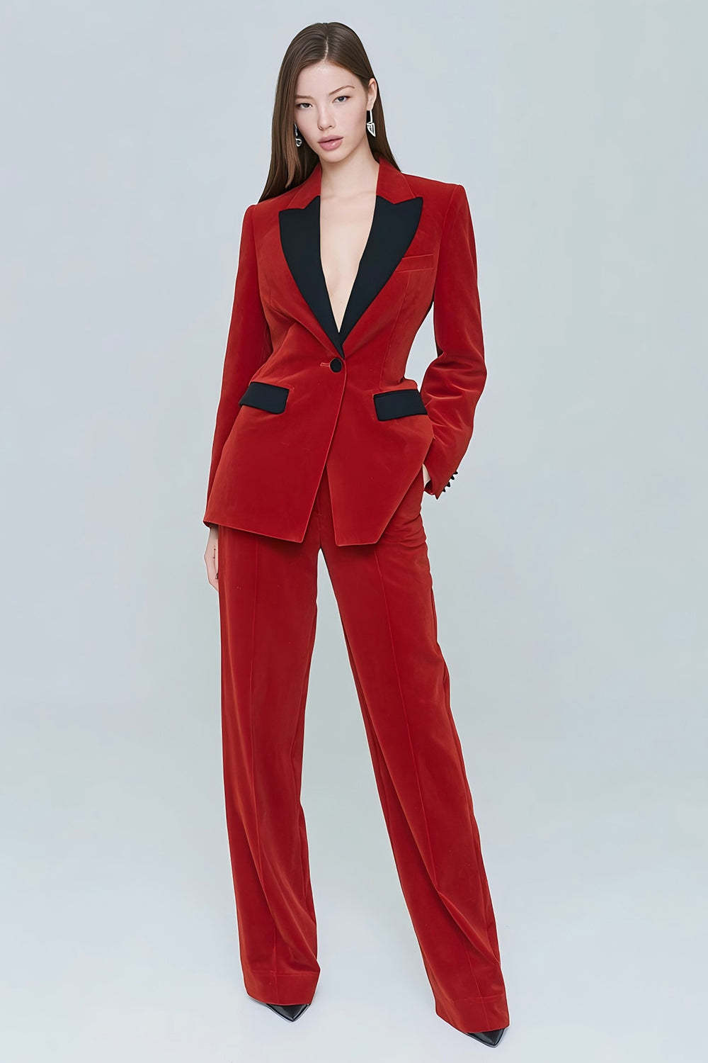 Leely Women Red Velvet 2 Piece Prom Suits with Pockets Peak Lapel One Button Long Sleeves Business Suits