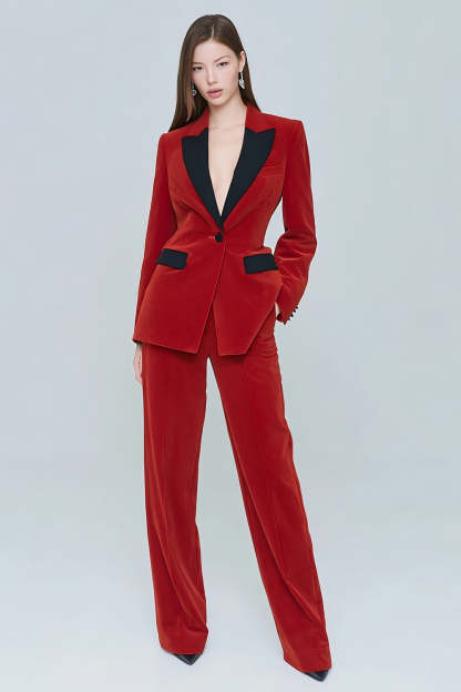 Leely Women Red Velvet 2 Piece Prom Suits with Pockets Peak Lapel One Button Long Sleeves Business Suits