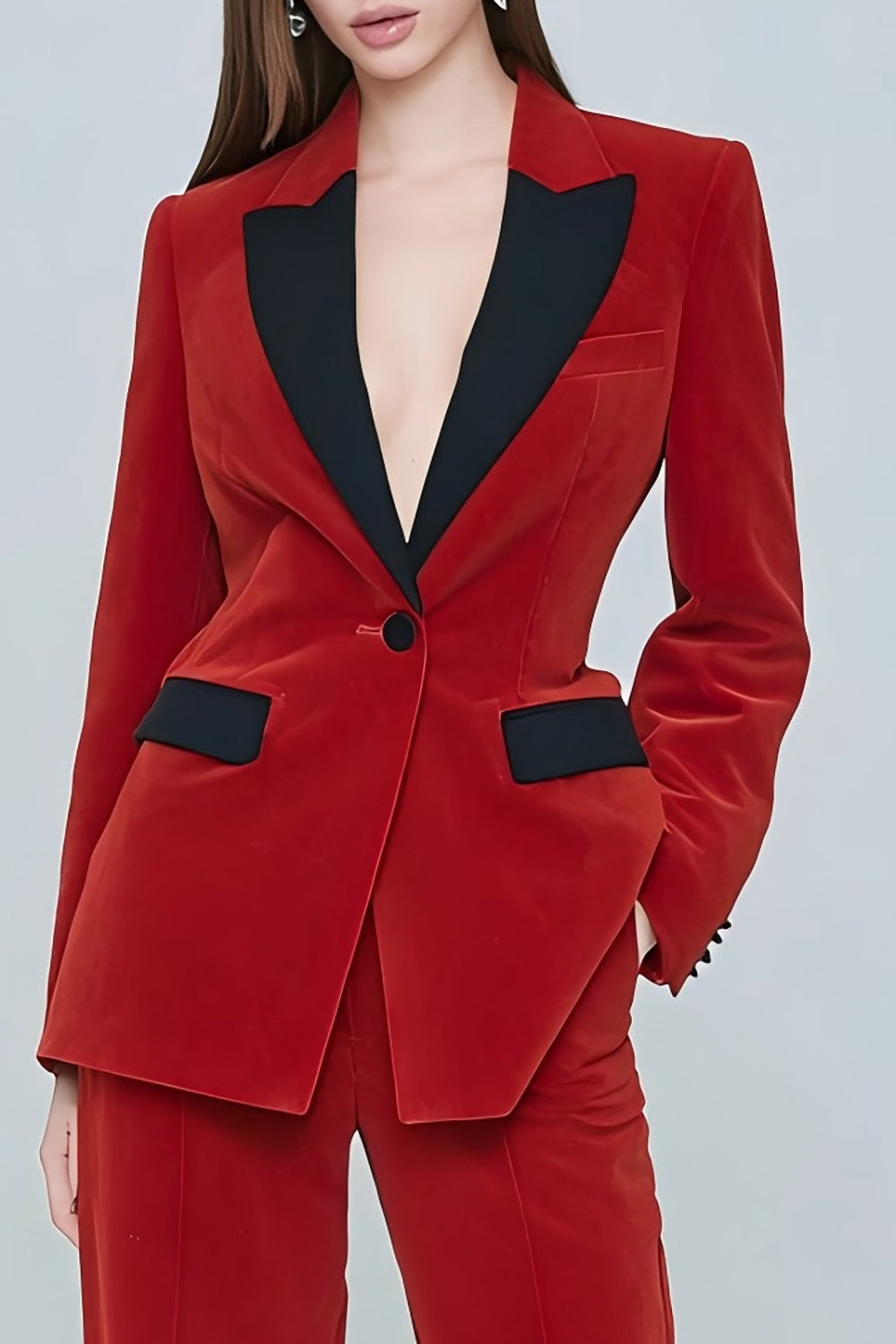 2 Piece Red Velvet Peak Lapel One Button Prom Suits with Pockets