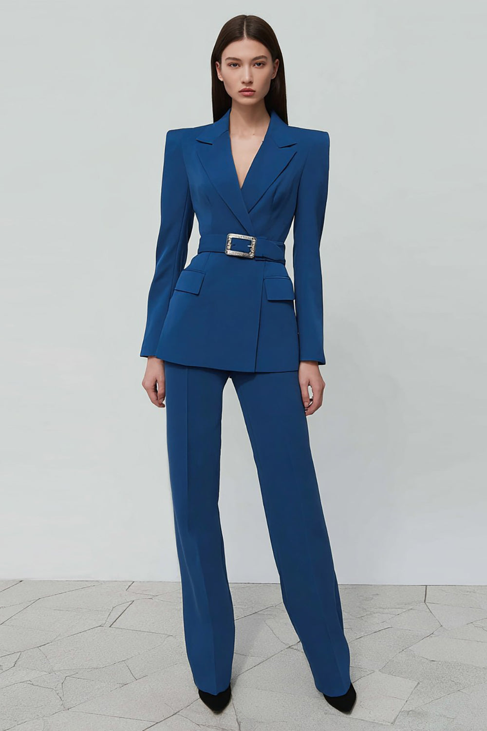Leely Women Dark Blue 2 Piece Business Suits with Belt Notched Lapel Long Sleeves Work Pantsuits