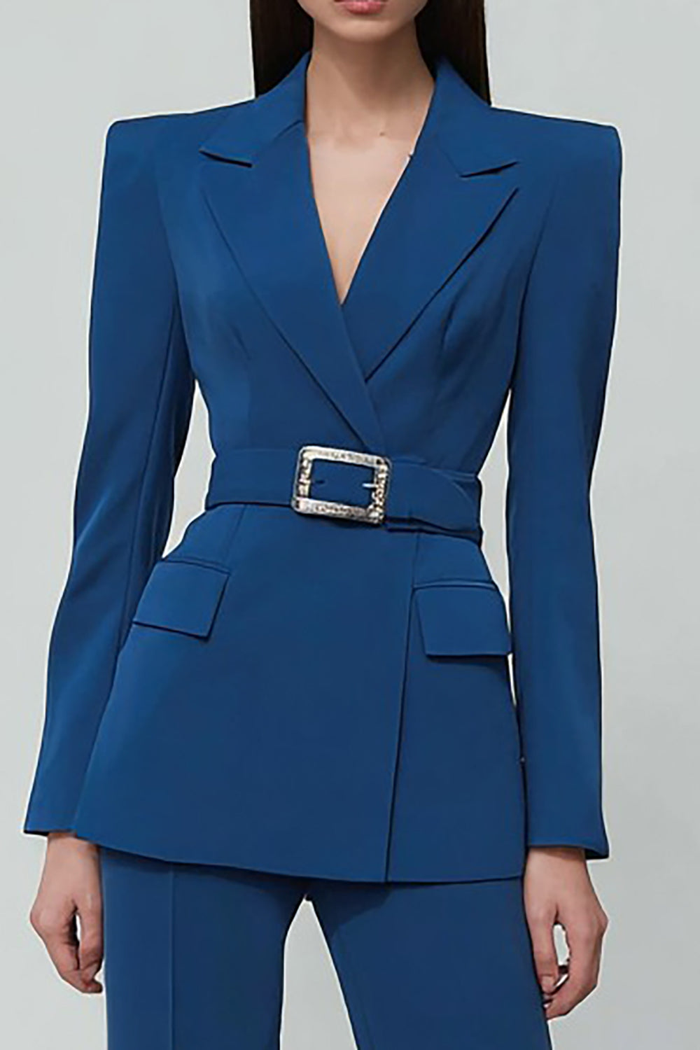 Dark Blue Notched Lapel 2 Piece Business Suits with Belt