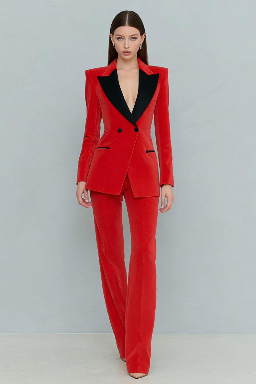 2 Piece Red Velvet Peak Lapel Double Breasted Prom Suits with Sleeves