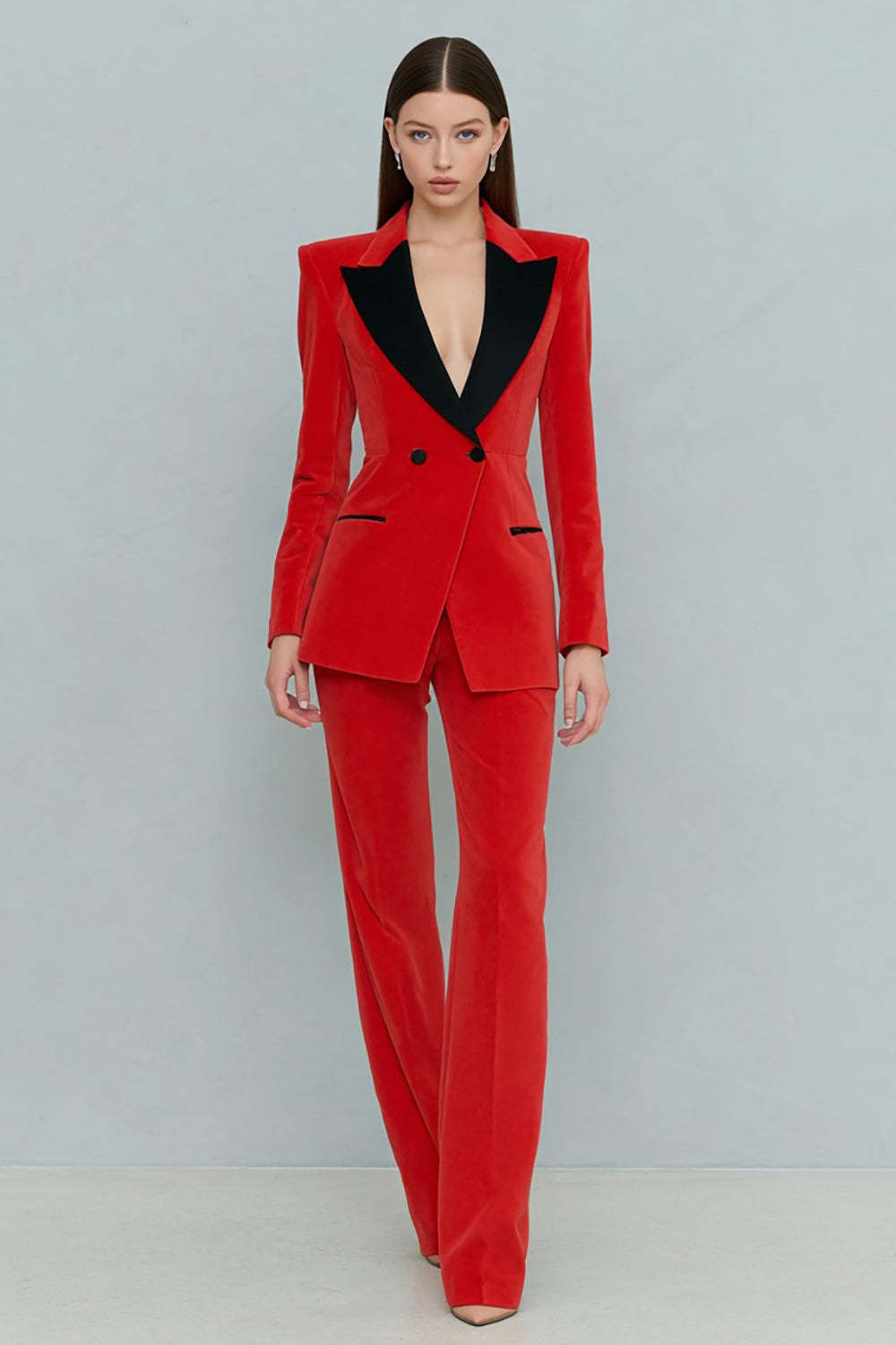 Leely Women Red 2 Piece Velvet Prom Suits with Sleeves Peak Lapel Double Breasted Business Suits