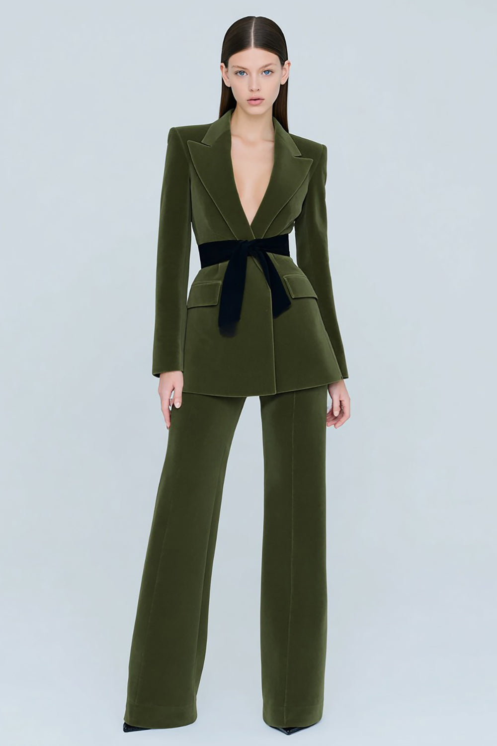 Olive 2 Piece Peak Lapel Velvet Prom Suits with Belt