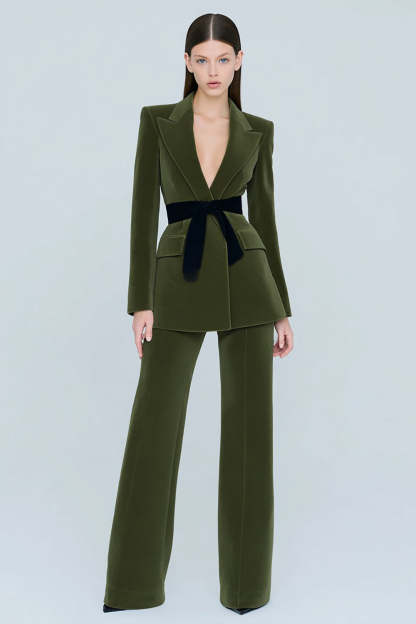 Leely Women Olive 2 Piece Velvet Prom Suits with Belt Long Sleeves Peak Lapel Business Suits