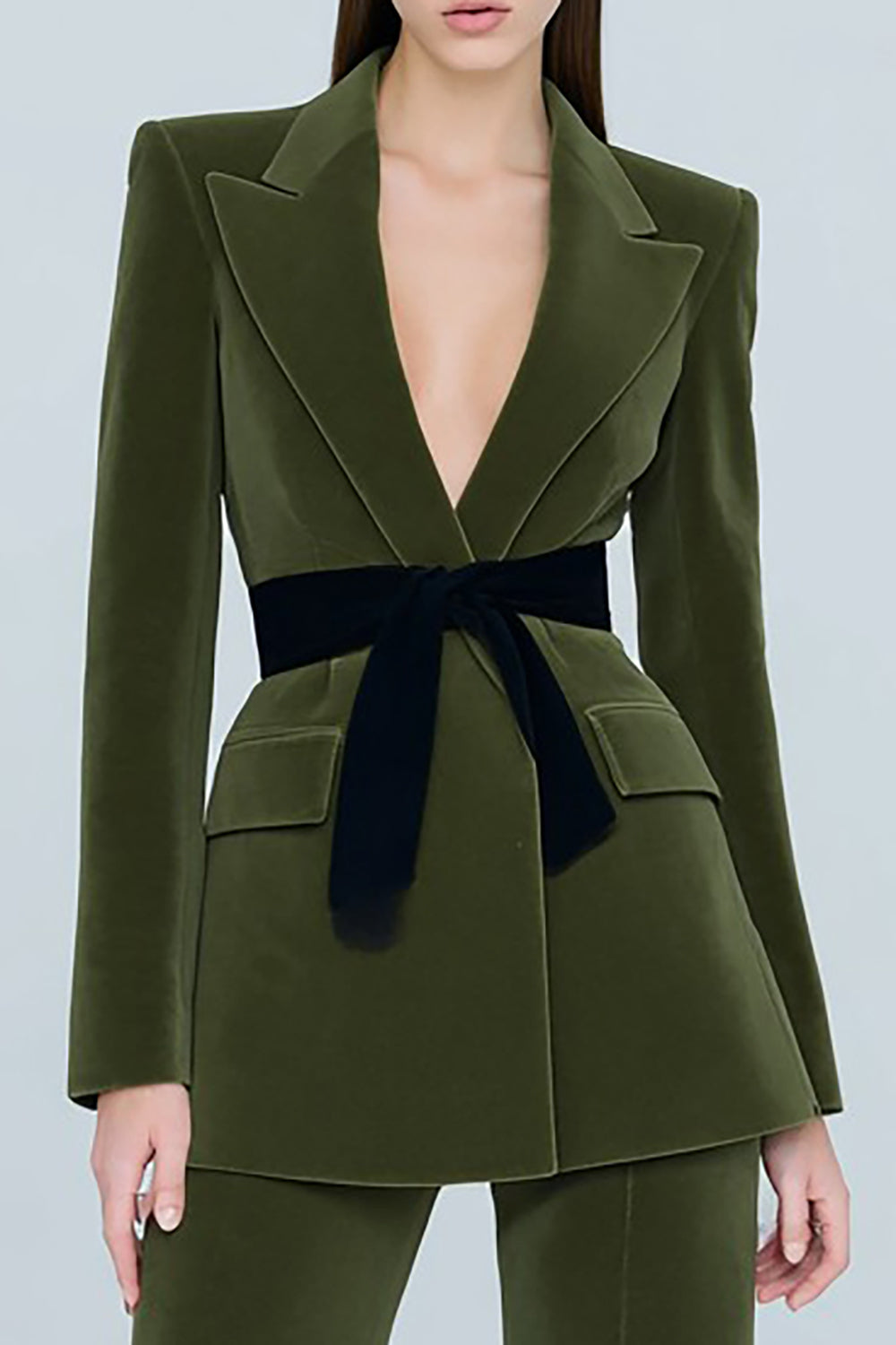 Olive 2 Piece Peak Lapel Velvet Prom Suits with Belt