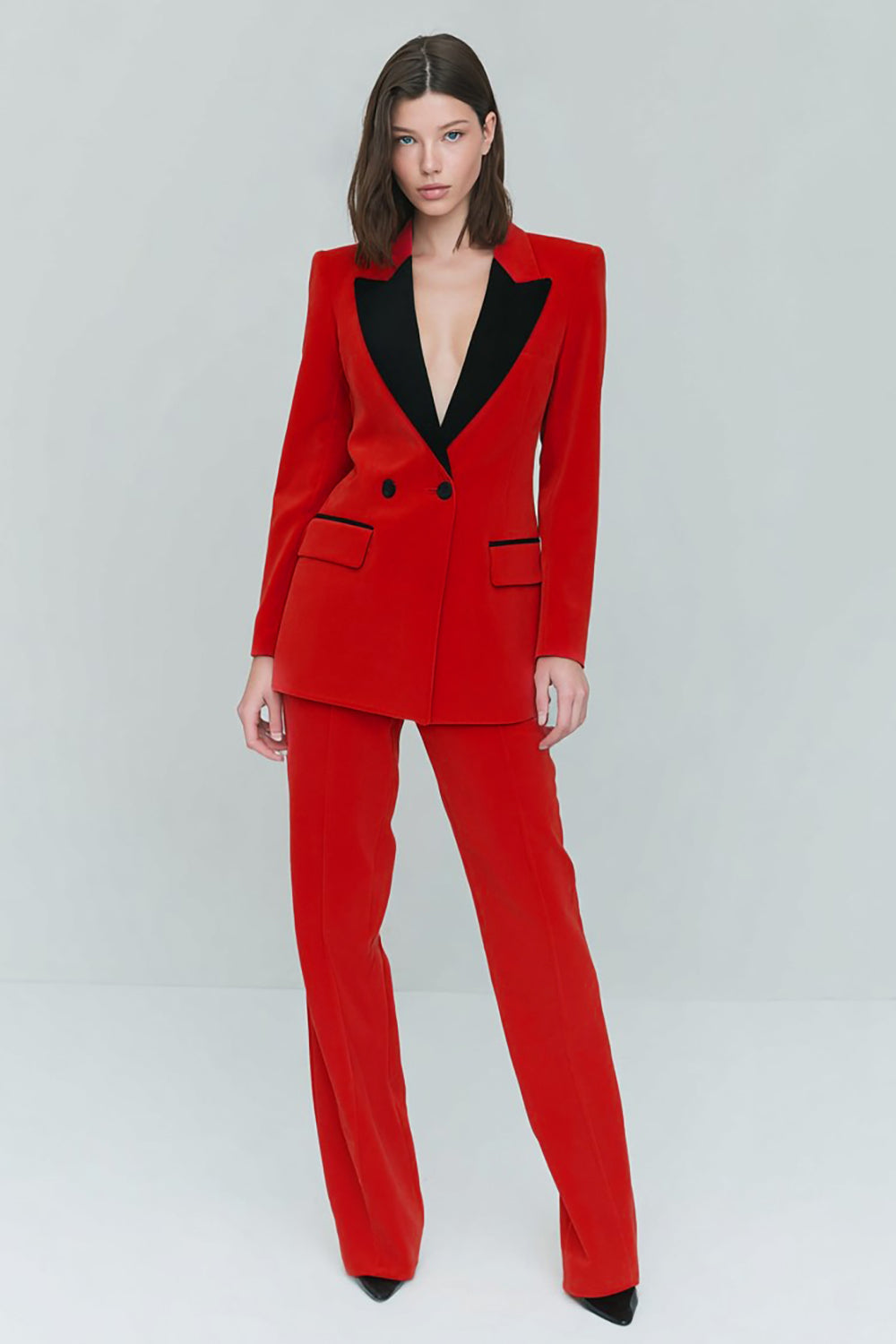 Red 2 Piece Peak Lapel Velvet Double Breasted Prom Suits