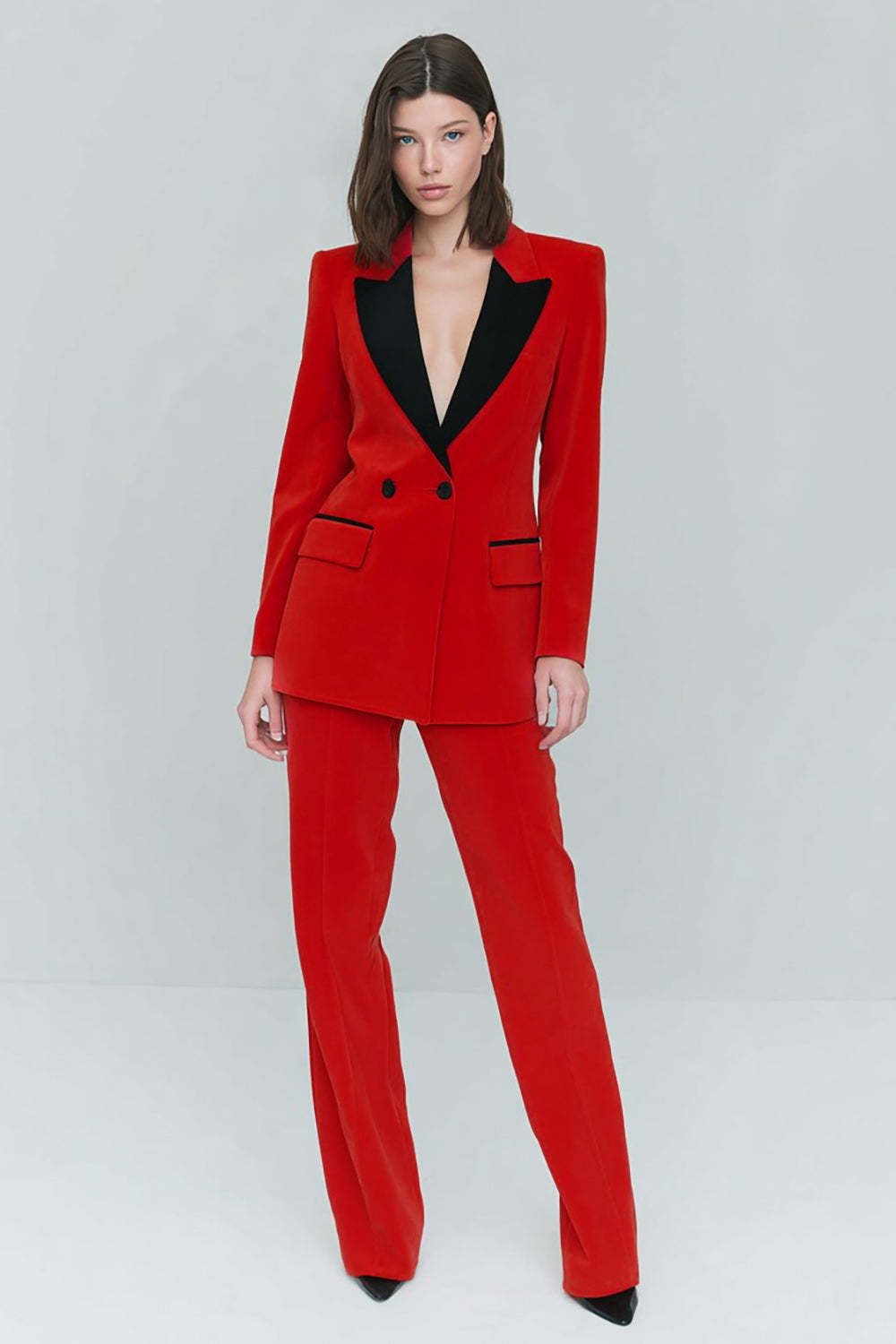 Leely Women Red 2 Piece Peak Lapel Prom Suits Double Breasted Velvet Long Sleeves Business Suits