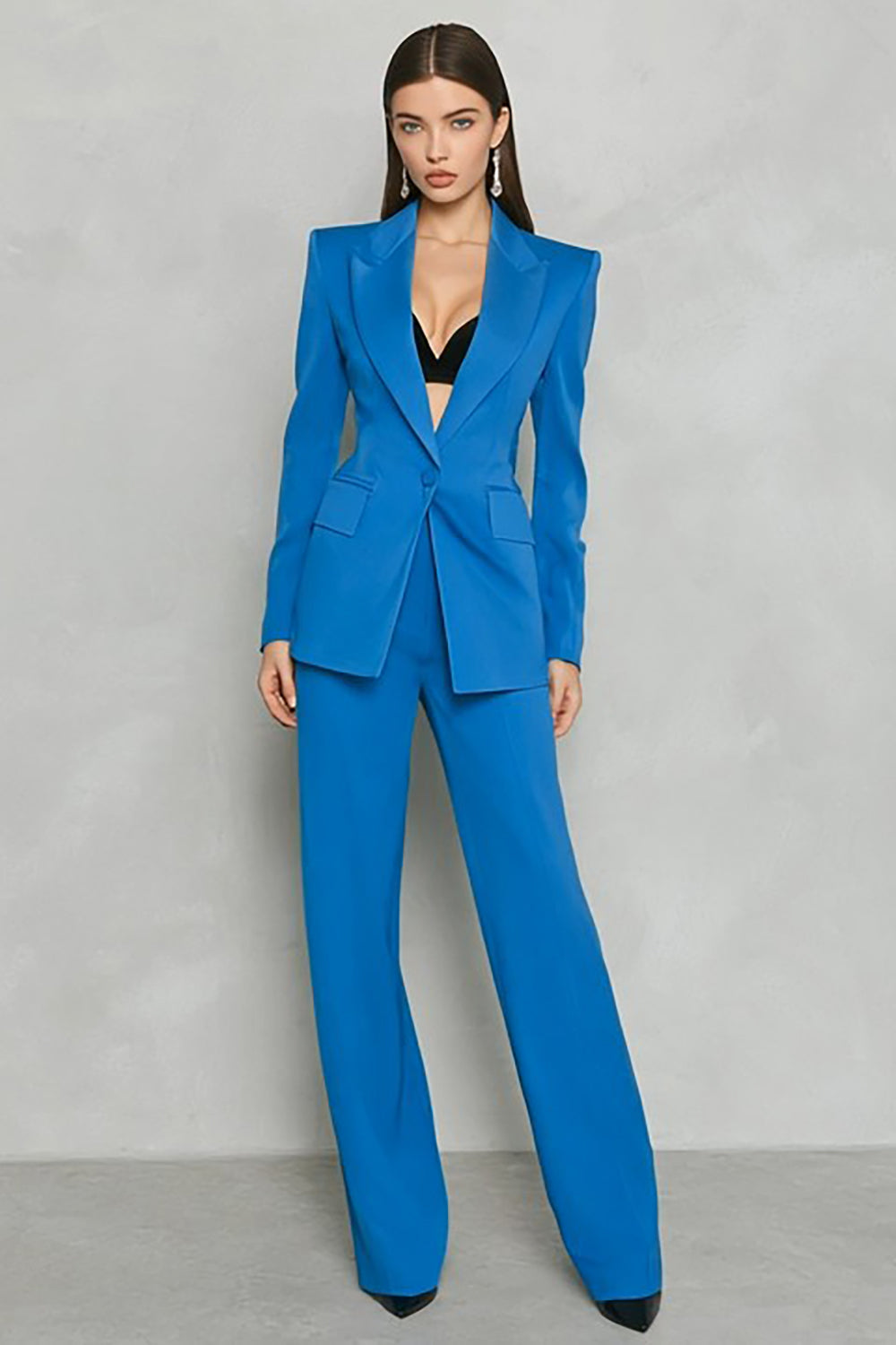 Leely Women 2 Piece Blue Peak Lapel Business Suits One Button Long Sleeves Work Pantsuits