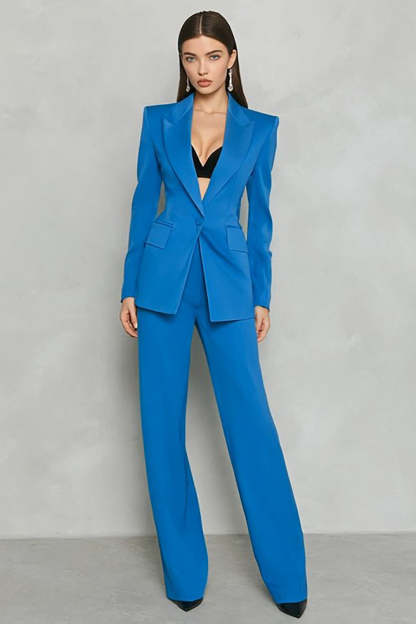 Leely Women 2 Piece Blue Peak Lapel Business Suits One Button Long Sleeves Work Pantsuits