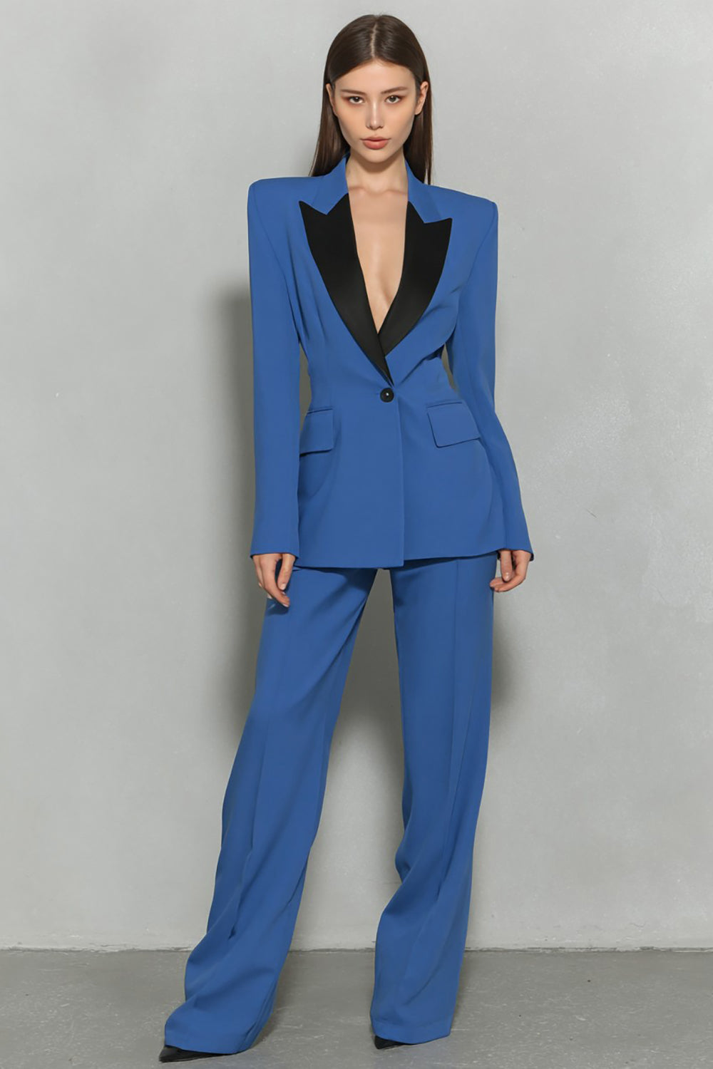 Dark Blue 2 Piece One Button Peak Lapel Business Suits with Sleeves
