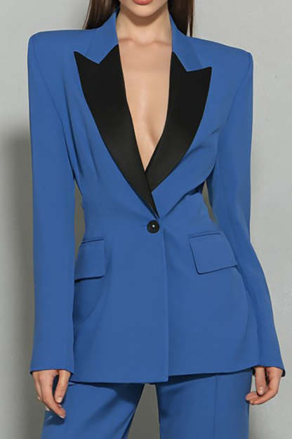 Dark Blue 2 Piece One Button Peak Lapel Business Suits with Sleeves
