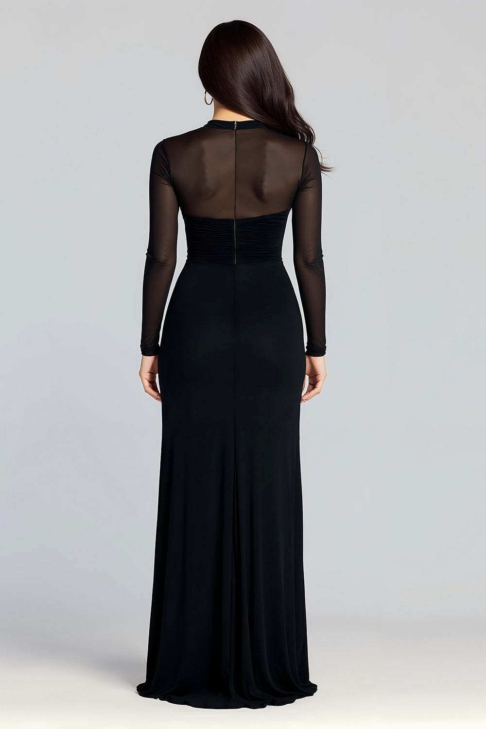 Black Sheath Illusion High Neck Long Sleeves Evening Dress with Slit