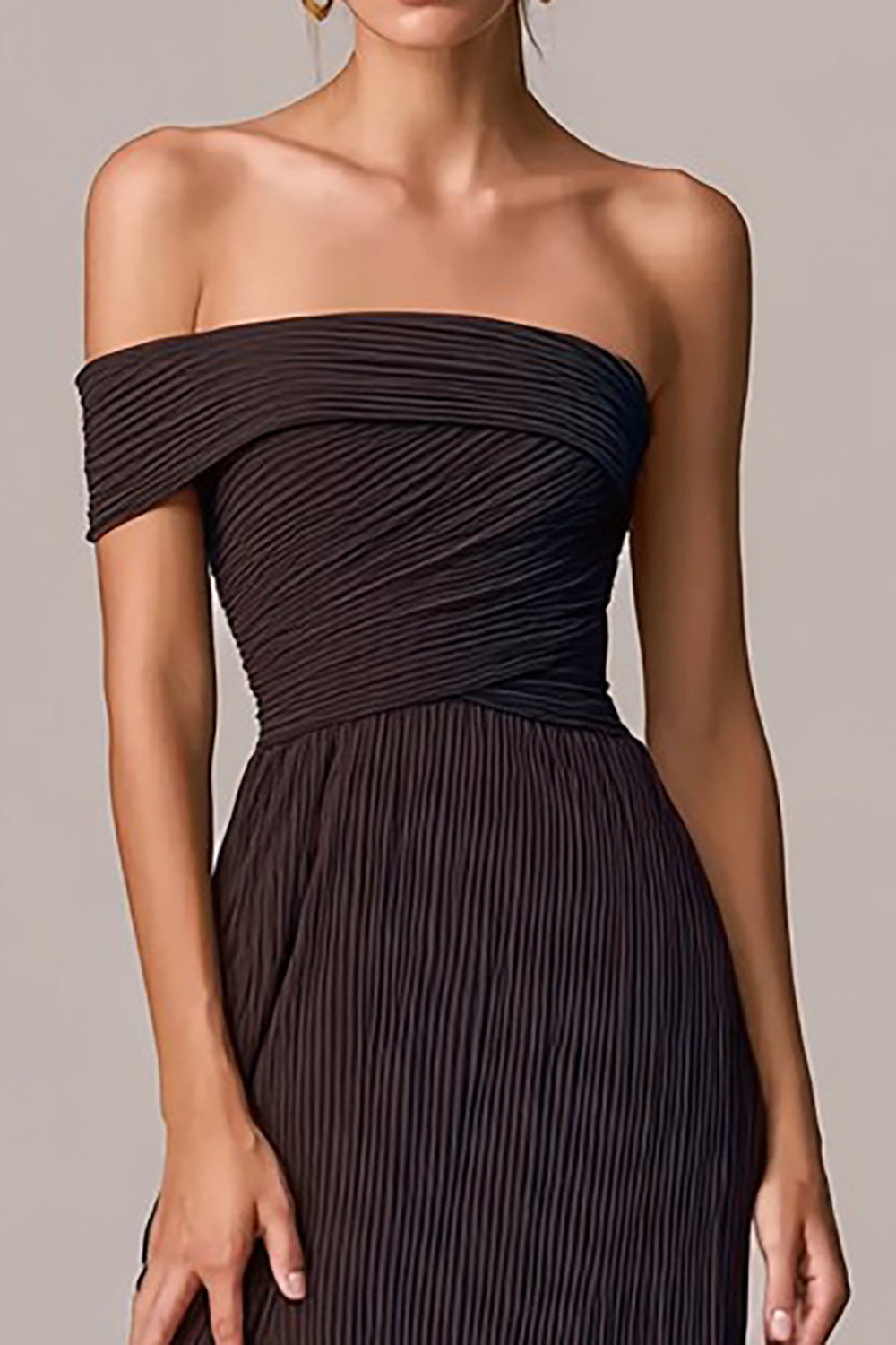 Coffee Sheath Asymmetrical Neck Pleated Long Formal Dress with Slit