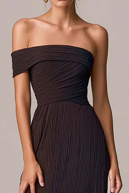 Coffee Sheath Asymmetrical Neck Pleated Long Formal Dress with Slit