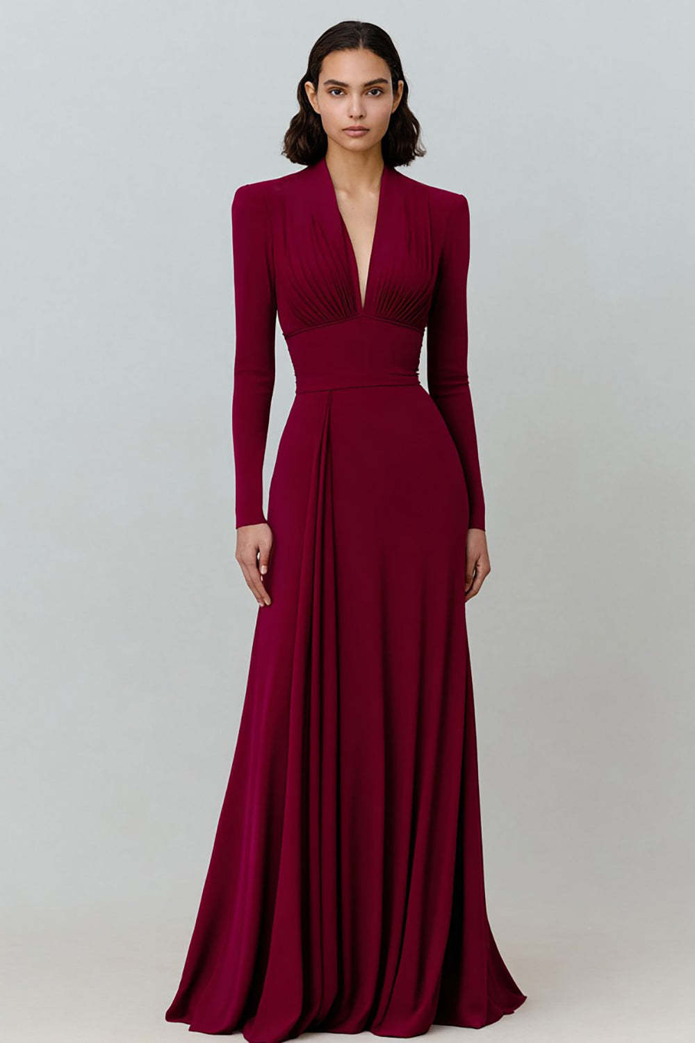 Leely Women Burgundy Long Formal Dress with Sleeves V-Neck Pleated A Line Evening Dress