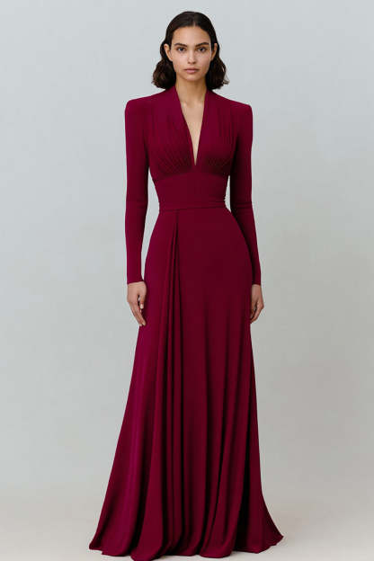 Leely Women Burgundy Long Formal Dress with Sleeves V-Neck Pleated A Line Evening Dress