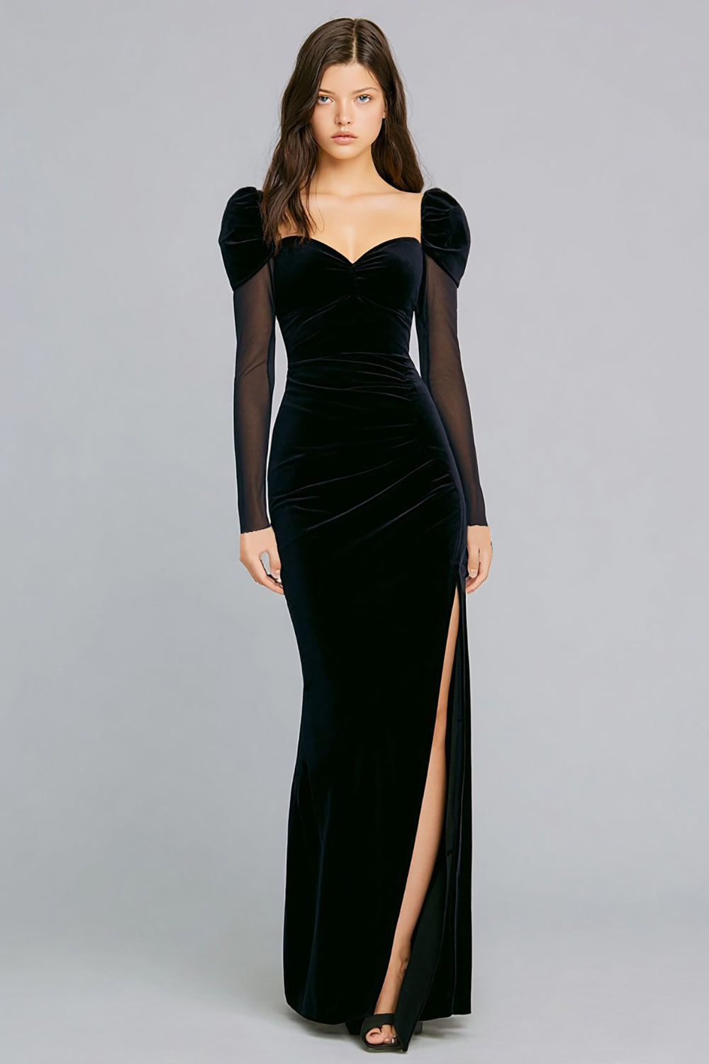 velvet black tie dress Berylove Women Velvet Evening Dress Illusion High Neck Long Black Tie Dress with Lace, Black / US22W main image 0