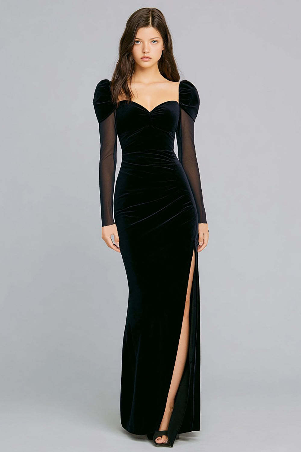 Leely Women Velvet Long Mermaid Black Tie Dress with Slit Holiday Party Dress with Sleeves