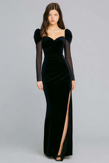 Leely Women Velvet Long Mermaid Black Tie Dress with Slit Holiday Party Dress with Sleeves