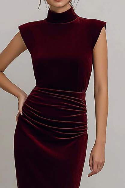Burgundy High Neck Ruched Velvet Long Sheath Formal Dress with Slit