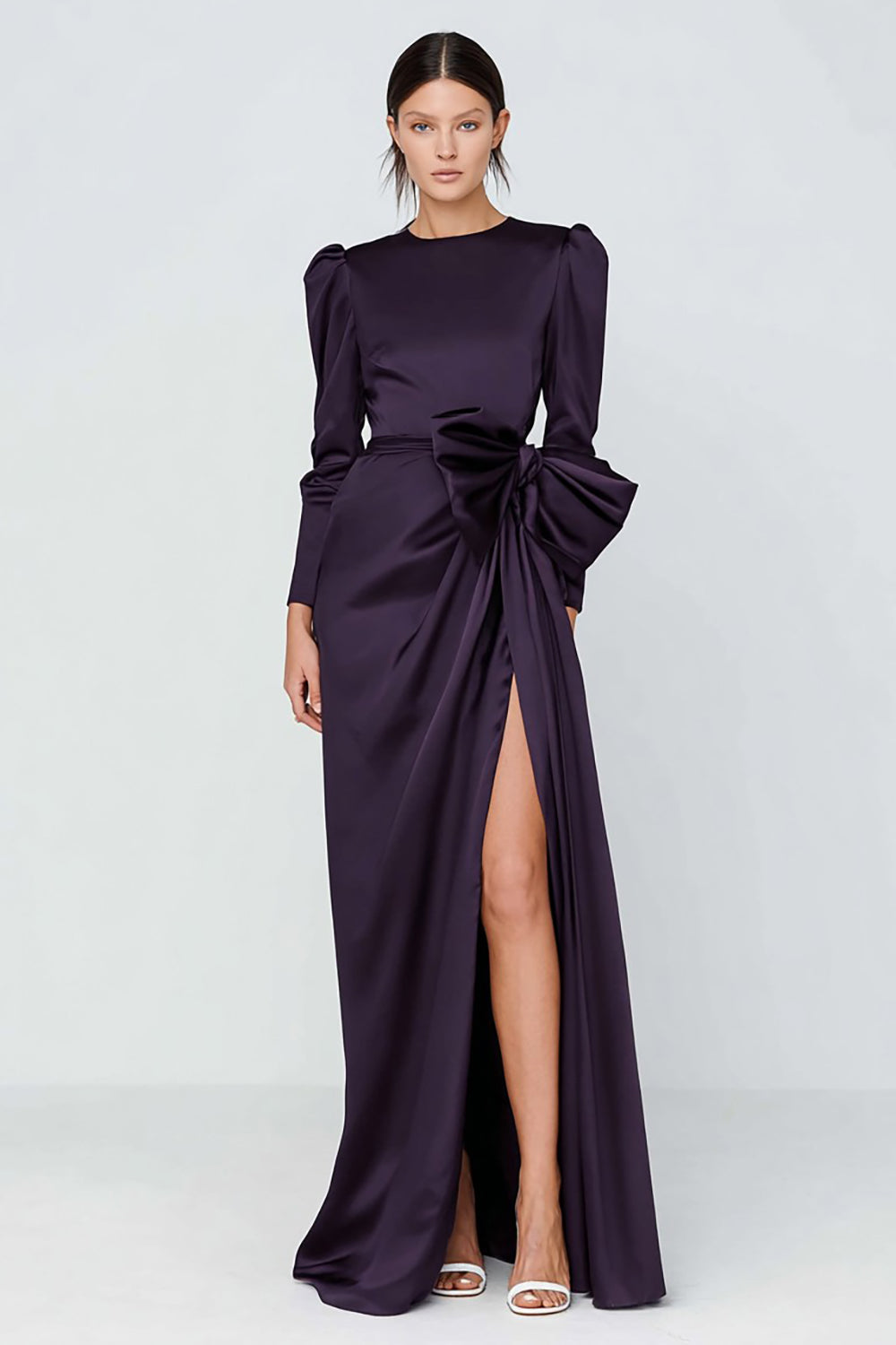 Leely Women Dark Purple Satin Long Sleeves Formal Dress with Bow Crew Neck Ruched Gala Dress with Slit