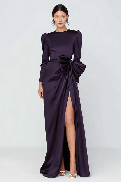 Leely Women Dark Purple Satin Long Sleeves Formal Dress with Bow Crew Neck Ruched Gala Dress with Slit