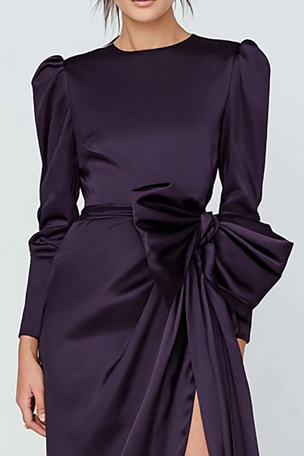 Dark Purple Crew Neck Long Sleeves Satin Formal Dress with Bow