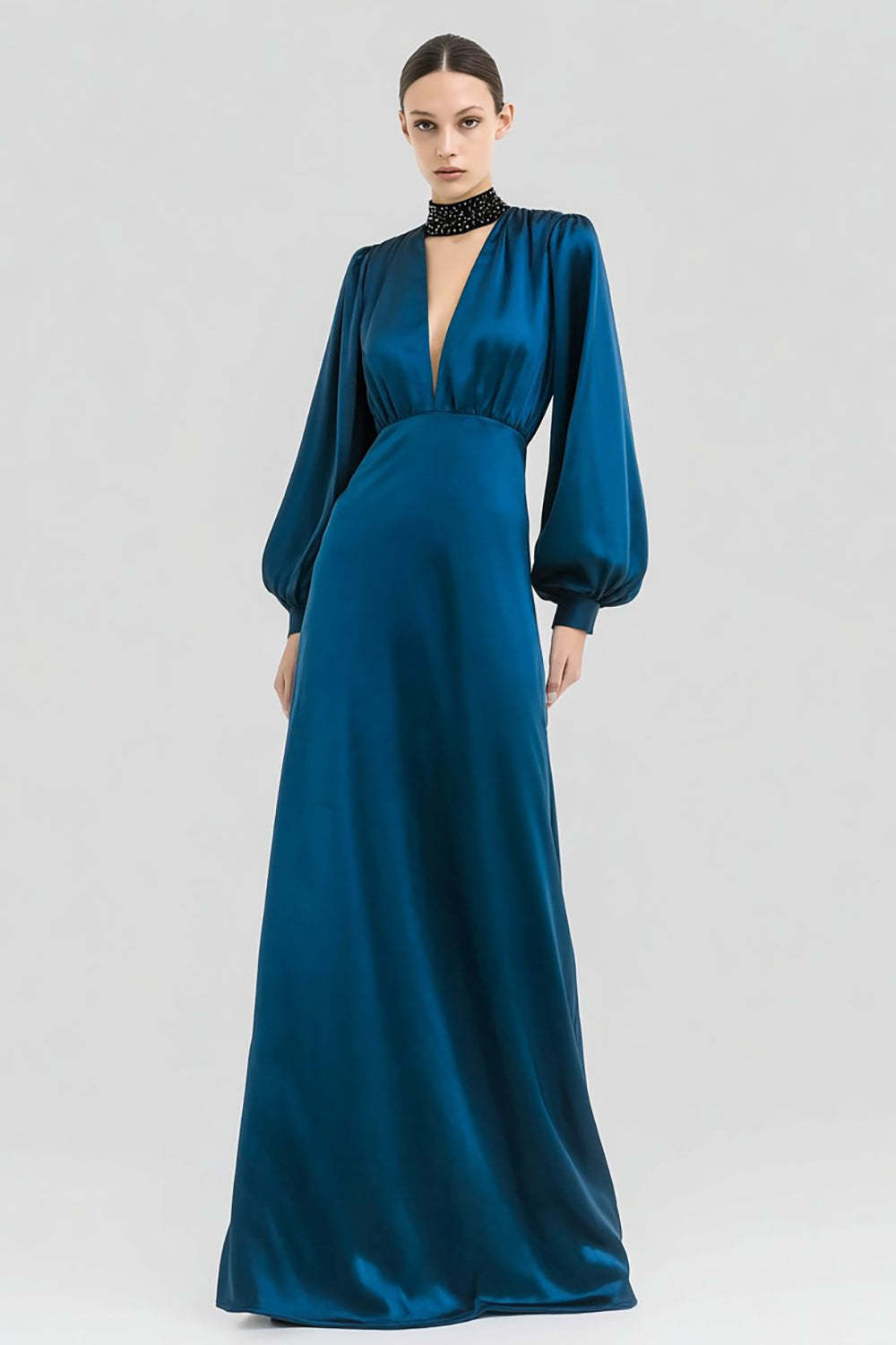 Leely Women Elegant Dark Blue Long Sleeves Formal Dress with Beading Satin V-Neck Choker Evening Dress