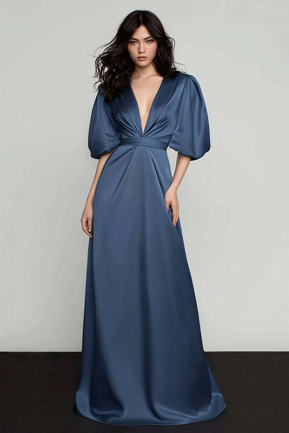 Leely Women Dark Blue Satin Long Formal Dress with Sleeves V-Neck Ruched A-Line Evening Dress