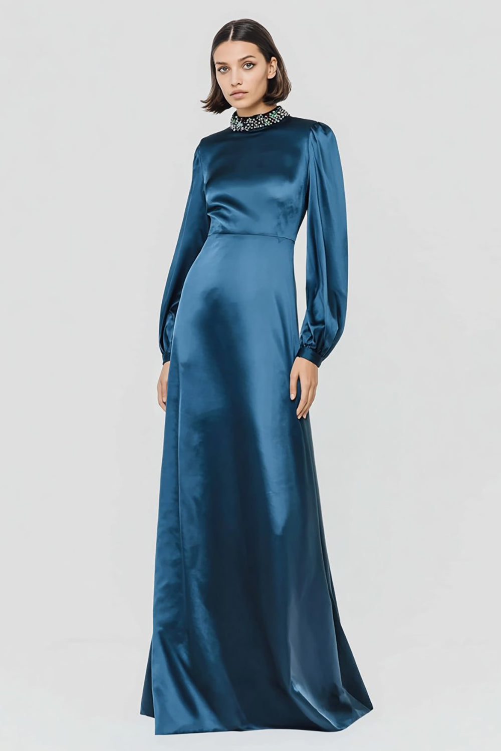 Dark Blue High Neck A-Line Long Formal Dress with Beading