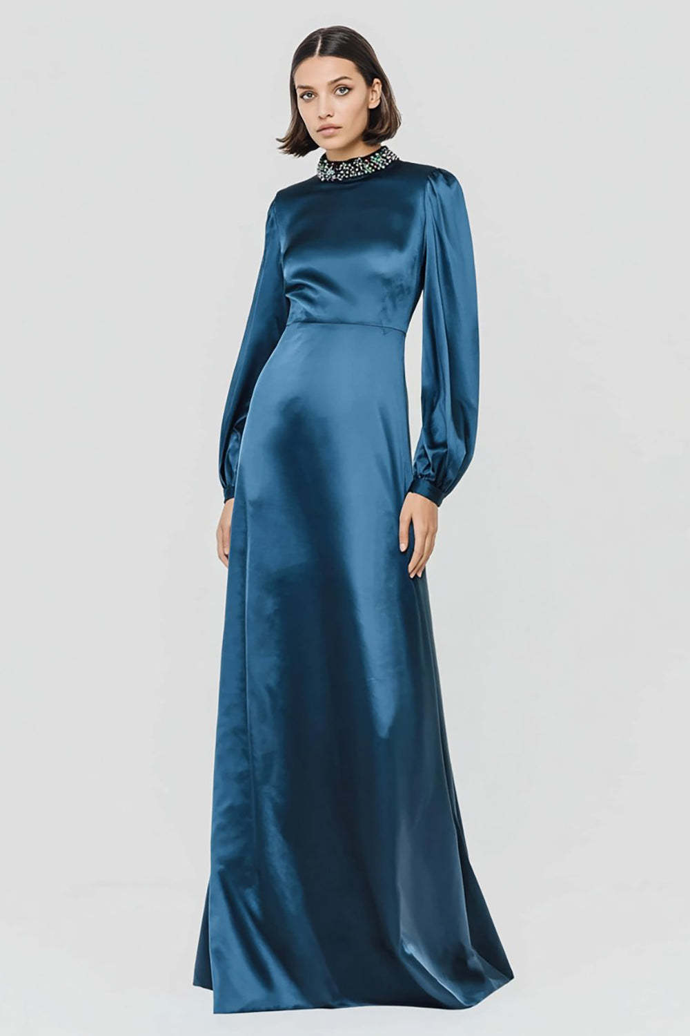 Leely Women Sparkly Dark Blue Sheath Long Sleeves Formal Dress with Beading Satin High Neck Evening Dress