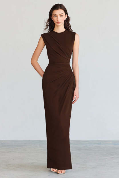 Leely Women Simple Coffee Mermaid Long Formal Dress Crew Neck Ruched Sleeveless Evening Dress