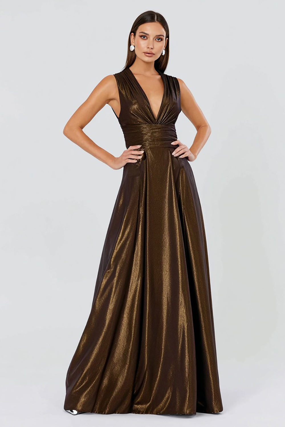 Matallic Brown V-Neck A-Line Pleated Long Formal Dress