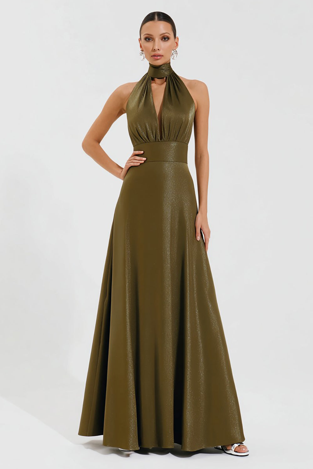 Leely Women Olive High Neck Long Formal Dress with Keyhole Empire Waist A-Line Evening Dress