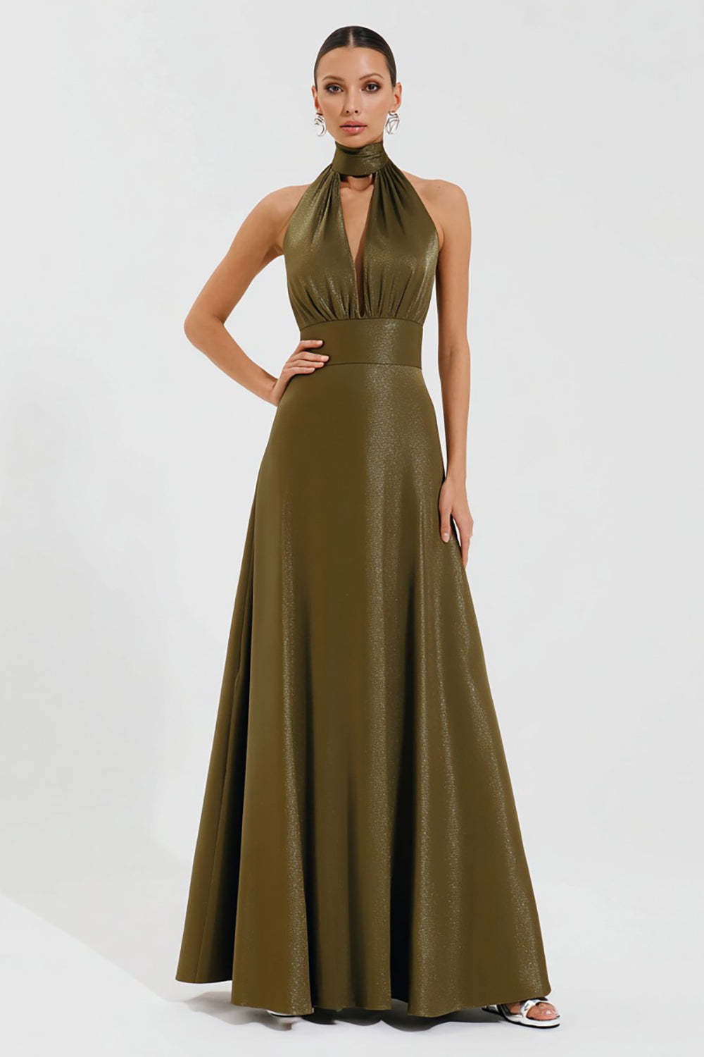 Leely Women Olive High Neck Long Formal Dress with Keyhole Empire Waist A-Line Evening Dress
