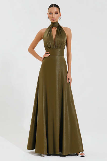 Leely Women Olive High Neck Long Formal Dress with Keyhole Empire Waist A-Line Evening Dress