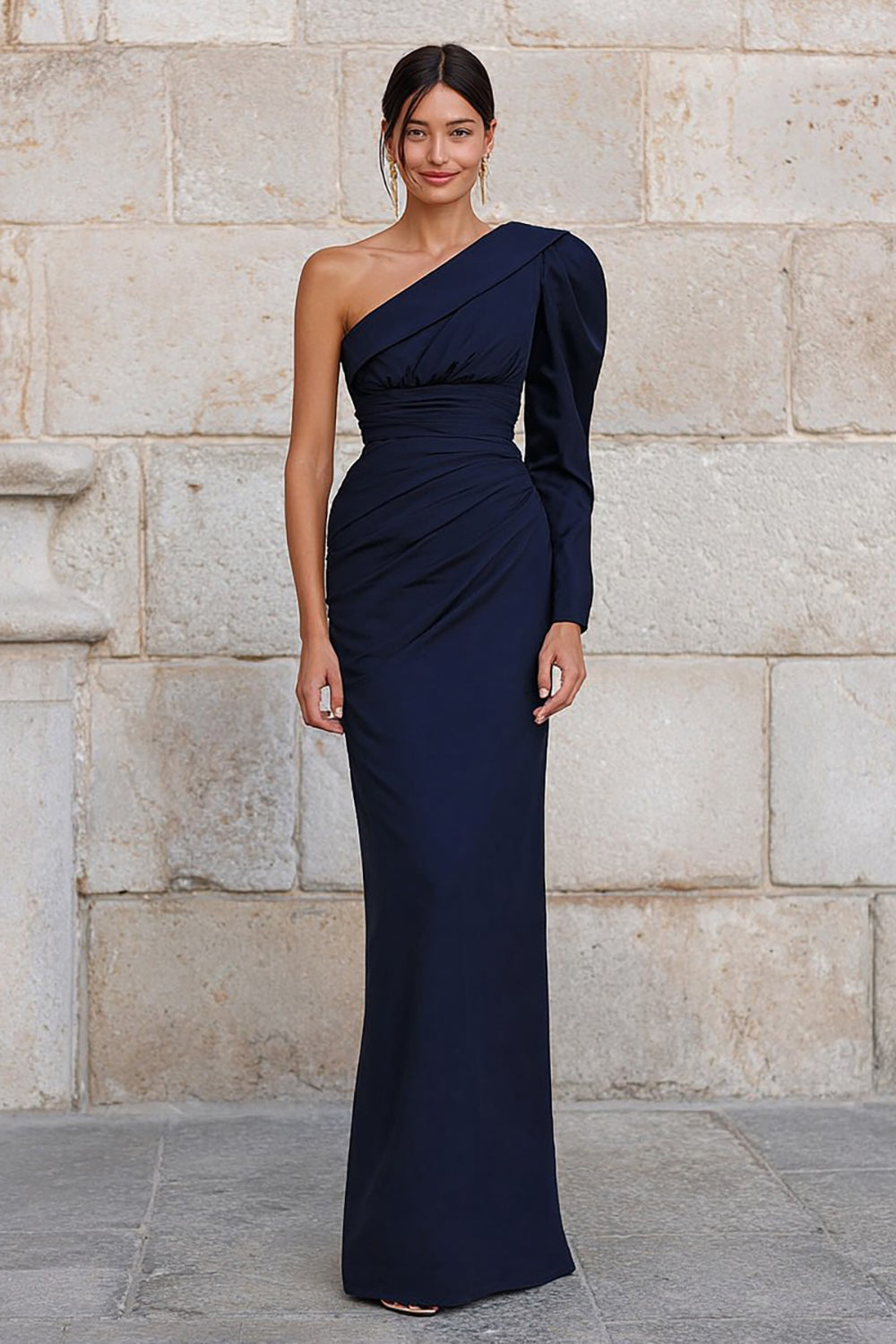 Navy Long One Shoulder Mermaid Formal Dress with Sleeves