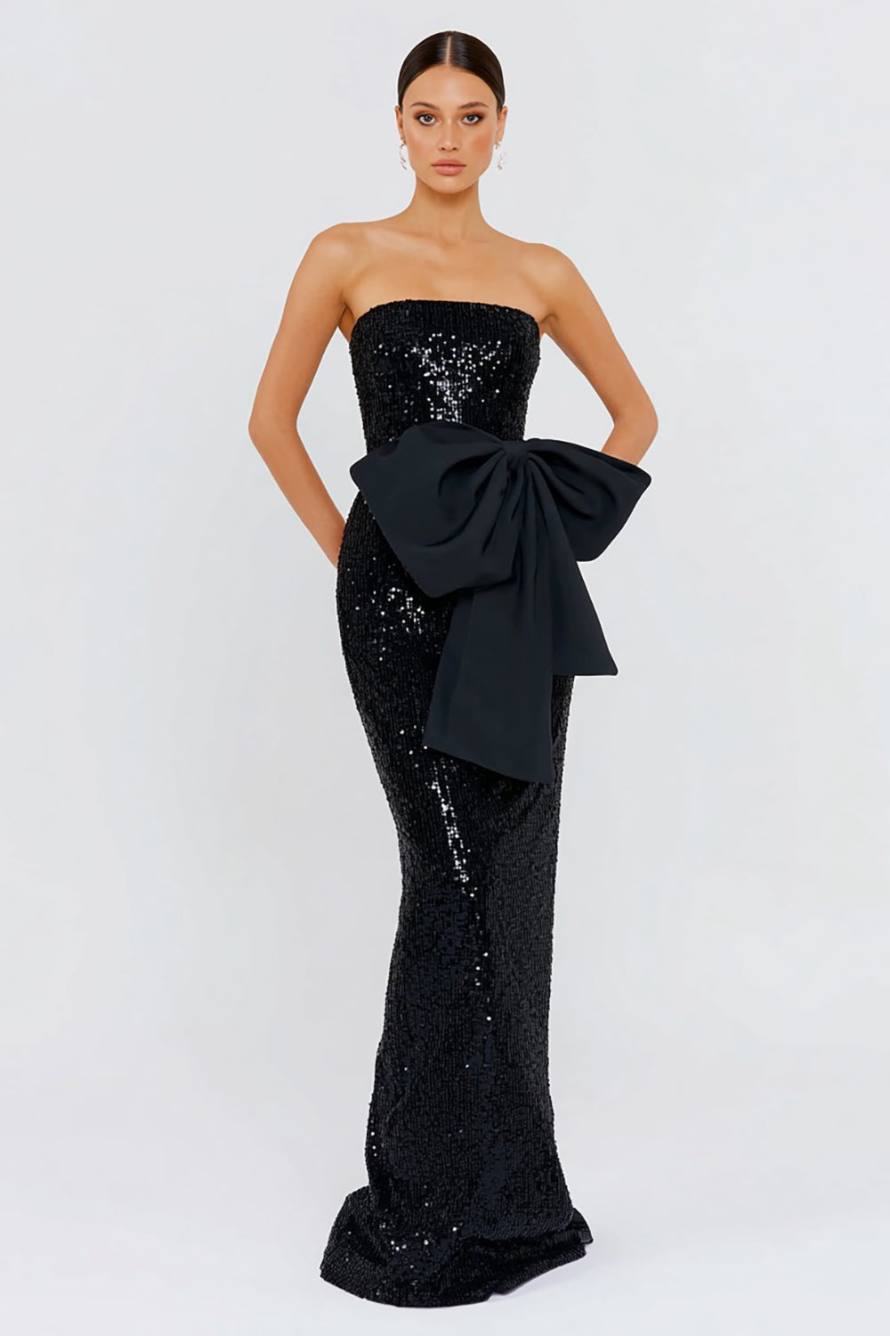 Leely Women Sparkly Black Sequin Long Evening Dress with Bow Mermaid Strapless Gala Dress