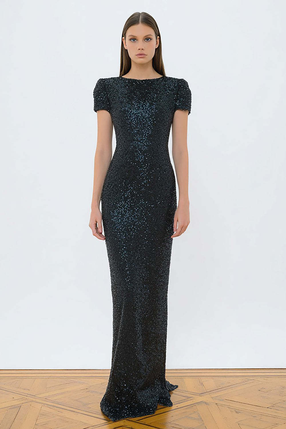 Leely Women Sparkly Black Sequin Long Evening Dress Mermaid Boat Neck Gala Dress with Sleeves