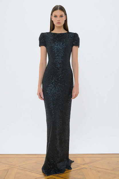 Leely Women Sparkly Black Sequin Long Evening Dress Mermaid Boat Neck Gala Dress with Sleeves