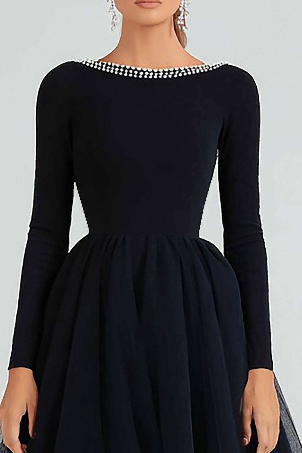 A-Line Boat Neck Long Sleeves Black Tie Dress with Beading