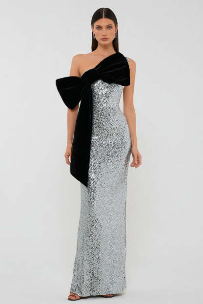 Leely Women Sparkly Silver Sequins Long Formal Dress with Bow Sheath One Shoulder Holiday Party Dress