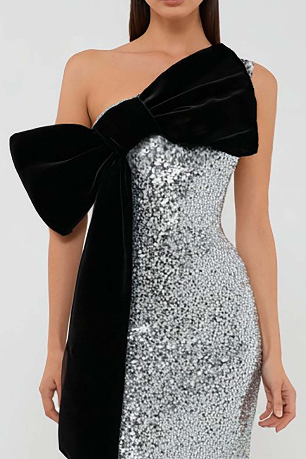 Sparkly Sequins Silver Sheath Long Formal Dress with Bow