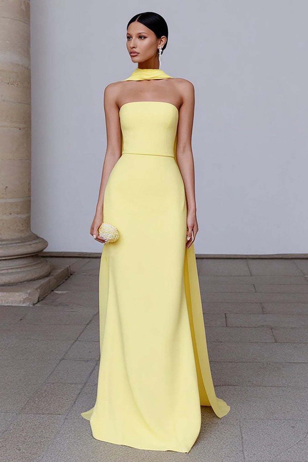 Leely Women Elegant Yellow Strapless Long Formal Dress Neck Scarf Sheath Gala Dress