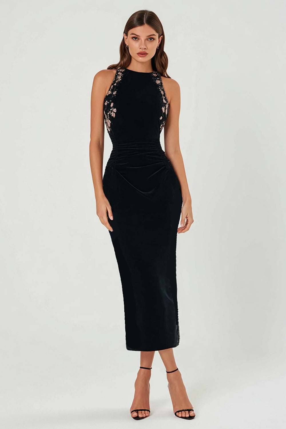 Leely Women Sparkly Floral Black Long Formal Dress with Beading Sheath Crew Neck Black Tie Dress